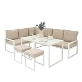 Monster Shop Garten Aluminium Möbelset Weiß 7-Sitzer Outdoor Terrasse Lounge Sectional Ecksofa Glasplatten Esstisch 2 Hocker Dicke Polster mit Waschbaren Bezügen wasserdichte Regenabdeckung