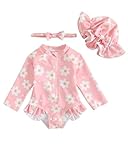 UV Badebekleidung Baby Badeanzug Mädchen Gr 62-98, Langarm UV Kleidung Baby UV Shirt Mit Hut & Stirnband, Kleinkinder UV Anzug Schwimmanzug Schutz, Rosa Blume 18-24 Monate/86-92
