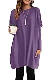 AUSELILY Longpullover für Damen Langarmshirt Lang Oversized Rundhalsausschnitt T-Shirts Sweashirt Tunika Damen Pulli Long-Shirt Kleid mit Taschen Violett L