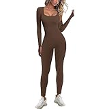 JN JANPRINT Jumpsuit Damen Sport Bodysuit Gerippte Lang Eng Yoga Bodycon Overall Stretch Langarm Strampler Sportanzug Playsuit Trainingsanzug One-Piece(Braun,S)