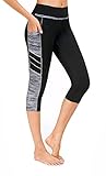 Flatik Damen Netzoberfläche Sport Gym Yoga Laufen Fitness Leggings Hose, Schwarz Grau(3/4 Capri), S