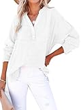 PADOLA Musselin Bluse Damen Baumwolle Blusen Tuniken für Damen Button Down Henley Shirt Plissee Einfarbige Hemdbluse Tshirt Damen Sommer Oversize Shirt Blusenshirt Tunika Tops (1 Weiß, XL)