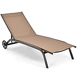 COSTWAY Sonnenliege mit Rollen, Gartenliege mit Verstellbarer Rückenlehne und schnell trocknendem Stoff, Relaxliege bis 150kg belastbar, Liegestuhl für Garten, Balkon, Terrasse (Braun)