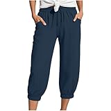 Nuoke Strandkleid Damen, Musselin Hose Sommerhose Damen Leicht Sommer Leinen Shorts 2025 Beach Kurze Hosen Mit Taschen Stoffhose Kleid Stretch Gerades Bein Kordelzug Leinenhose Bluse, Marine XL