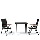 pokgdf 3-TLG. Garten-Essgruppe aus Stahl und PE-Rattan in Schwarz, pulverbeschichtete Gartentischgruppe mit Glastischplatte als wetterfeste Outdoor-Esstischgarnitur für Terrasse