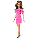 Barbie Fashionistas Puppe Nr. 217 mit braunem, gewelltem Haar, einem pinken Schulterfreien Kleid, Modepuppe zum Sammeln anlässlich des 65. Jubiläums, HRH15