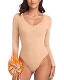 WOWENY Thermo Body Damen Langarm Elegant Langarmbody mit Spitze V-ausschnitt Fleece Bodysuit Warm Bequem Langarmshirt[Beige, XL]