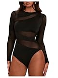 GORGLITTER Damen Body Elegant Bodysuit mit Durchsichtig Netz Oberteil Langarm Bodys Netzshirt Herbst Festival Outfit Schwarz L