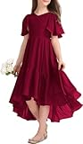 Haloumoning Mädchen Sommerkleid V-Ausschnitt Rüschenkleider Casual A Line Kleid Flowy Hoch Niedrig Lang Partykleid Elegant Langes Abendkleid Rot 130
