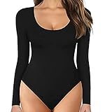 TOEECY Damen Body Langarm Rundhals Knit Stretch Bodysuit Shirts Unterziehbody Elegant Sexy Langarmbody Oberteil Bustier Schmal Bodysuits Tops Bodys (Schwarz,XXL)