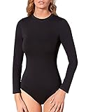 VEDATS Damen Body Langarm Rundhals Bodysuit Top Unterhemd (XL, Schwarz)
