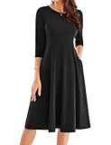 Kleid Damen Herbst Langarm Swing Kleid Damen Rundhalsausschnitt Casual Midikleid M Schwarz -1