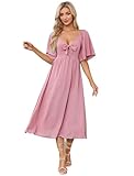 IDOPIP Kleid Damen Sommer Kurzarm Freizeitkleid mit Fliege Einfarig V-Ausschnitt Midikleid A-Linie Partykleid Cocktailkleid Elegant Festlich Hochzeit rosa L