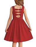 Arshiner Mädchen Kleider Ärmelloses Kinder Zurück Fliege Sommerkleid Baumwolle Elegante Freizeitkleid Festliches Rundhals Swingkleid für Mädchen 9-10 Jahre Rot