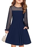 Haloumoning Kleider Mädchen Festliches Prinzessin Kleid Kinder Kontrast Mesh Langarm Puff Sommerkleider Elegant A-Linie Rundhals Partykleid mit Taschen, Marineblau, 11-12 Jahre