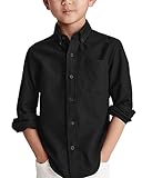 Jungen Langarm Hemden Baumwoll Casual Hemd Kinder Einfarbig Shirt Oberteil mit Brusttasche, Schwarz, 8-10 Jahre