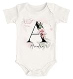SpecialMe® Baby Body mit Namen personalisiert Monogramm Initiale Anfangsbuchstabe und Name Mädchen Kurzarm Kurzarm Bio Baumwolle Blumenhintergrund Natur 0-3 Monate