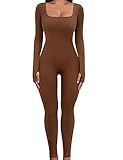 UMIPUBO Jumpsuit Damen Lang Sport Yoga Bodysuit Overall Stretch Playsuits Quadratischer Hals Langarm Bodycon Strampler Sportkleidung Damen Set(Kaffee,M)