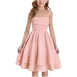 XINYUNZU Mädchen Kleider A-Linie Spaghettiträger Sommerkleid Elegant Festliches Kleid Einfarbig Kinder Freizeitkleid Ärmellos Party Prinzessin Kleid für 8-14 Jahre Rosa 11-12 Jahre