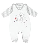 TupTam Baby Mädchen Jungen Strampler mit Langarmshirt Aufdruck Spruch 2 teilig, Farbe: Streifenmuster Grau/Bärchen Herz, Größe: 50