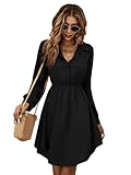 GORGLITTER Damen Hemdkleid Elegant Blusenkleid Langarm A Linie Tunikakleid Shirtkleid mit Knöpfen Schwarz S