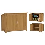 Outsunny Gartenschrank Holz, Geräteschuppen wetterfest 110x50x85cm, Gerätehaus mit Tür, Pultdach, Ablagen, Geräteschrank, Gartenhaus Werkzeugschrank Gartenschuppen für Garten Terrasse Hinterhof, Braun