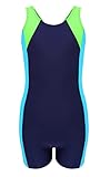 Aquarti Mädchen Badeanzug mit Bein Ringerrücken, Farbe: Dunkelblau/Neongrün/Hellblau, Größe: 122