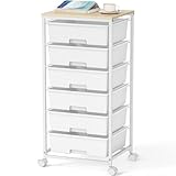 6-Schubladen-Rollwagen mit Holzplatte - Starker Rollcontainer aus Kunststoff, mobiler Aufbewahrungswagen für Büro, Kinderzimmer & Bastelraum - Badrollwagen mit feststellbaren Rädern,Weißer