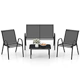 GOPLUS 4 teiliges Gartenmöbel Set, inkl. 2 einzelne Gartenstühle, 1 doppelter Gartenstuhl & 1 Couchtisch, Balkonmöbel Set, Sofagarnitur Sitzgruppe für Balkon Garten Terrasse (Schwarz)