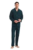 GLOBAL Herren Schlafanzug Flanell | Herren Pyjama Set Lang Baumwolle | Herren Zweiteilige Nachtwäsche Loungewear Schlafanzughose Lang Gummizug und Kordelzug Blau/Grün, Kariert L