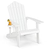 COSTWAY Adirondack Stuhl mit Getränkehalter, wetterfester Gartenstuhl, Gartensessel aus Kunststoff, Outdoor-Stuhl für Garten, Terrasse, 170 kg Tragfähigkeit (Weiß)