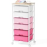 6-Schubladen-Rollwagen mit Holzplatte - Starker Rollcontainer aus Kunststoff, mobiler Aufbewahrungswagen für Büro, Kinderzimmer & Bastelraum - Badrollwagen mit feststellbaren Rädern,Rosa
