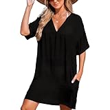 Joyesplay Strandkleid Damen Sommer, Bikini Cover Up Strandtunika Strandkleider V-Hals Atmungsaktiv Tunika Blusenkleid (DE/NL/SE/PL, Alphanumerisch, M, Regular, Regular, Stil 3 Schwarze)