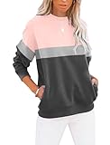 Cuptacc Sweatshirts für Damen Pullover Herbst Langarm Casual Oberteile Damen Farbblock Rundhalsausschnitt Tops Damen Rosa Grau Mittel M 38-40