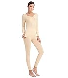 Mcilia Damen Ultradünnes Thermo-Unterwäsche Oberteil & Unterteil-Set aus Modal mit tiefem Rundhalsausschnitt Beige Large (EU 44 46)