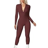 JN JANPRINT Damen Yoga Jumpsuit Eng Lang Sport Overall Langarm Playsuit V-Ausschnitt Reißverschluss Bodycon Strampler Trainingsanzug Slim Einteiler Jogginganzug Club Outfit(Braun,L)