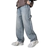 Rolanko Baggy Jeans Jungen, Weites Bein Elastischer Taille und Mehreren Taschen, Cargo Hosen Jeans für Kinder, Blau Straps, 10-11 Jahre, 150