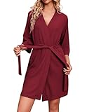 Ekouaer Bademäntel für Damen Waffelstrick Morgenmantel Lässig Robe Hochzeit weich leicht knielang Loungewear Rot L