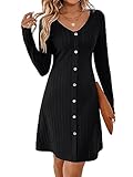 MYCOLORBLUE Kleider für Damen A Linie V-Ausschnitt Langarm Deko Knopf Gestreift Vintage Täglich Midikleid Strickkleider Schwarz M
