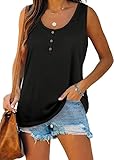 Kapoohott Damen Tops Sommer Ärmellos Tank Tops Elegant Oberteile Freizeit Lose Einfarbig Tunika Shirts mit Tasten L&Schwarz