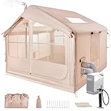 Aufblasbares Campingzelt mit Kaminöffnung & Dachfenster, Outdoor Zelt für 2-10 Personen mit Luftpumpe, Aufblasbares Zelt aus Wasserdichtem Oxford-Stoff für 4 Jahreszeiten, Schneller Aufbau Campingzelt