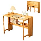 Klapptisch mit Bücherregal, 102 cm, Computertisch, Platzsparend, Kleiner, Faltbarer Schreibtisch Klappbar für Zuhause, Schlafzimmer, Arbeitszimmer, Büro, Bambus-Arbeitsplatz Holzfarbe, 104 x 53 cm