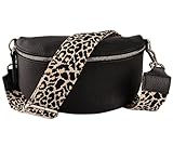 MIRROSI® Bauchtasche Damen, Echtleder, Made in Italy, Umhängetasche, Brusttasche, Crossbody Bag (1 Tasche & 2 Gurte) (Schwarz (Leo Schwarz), Große Tasche (28x18x9cm))