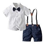 Baby Jungen Festlich Anzug Set Kleinkinder Gentleman Outfit Taufanzug Kinder Kurzarm Hemd mit Fliege Hosentr�ger Shorts Bekleidung f�r Hochzeit Geburtstag Party Taufe Wei� + Marineblau 18-24 Monate