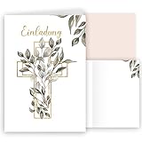 10 Einladungskarten mit Umschlag Einladung Klappkarten Karten stilvoll kreuz Aquarell zart zur Taufe Kommunion Konfirmation Firmung Blätter grün Gold zum selbst gestalten