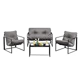 SONGMICS Gartenmöbel-Set, 4-teilig, Balkonmöbel, 2 Stühle, 1 Tisch und 1 Bank, Terrassenmöbel, Stahlgestell, gepolsterte Kissen, für Garten, Terrasse und Balkon, grau GGF040GZ01