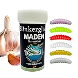 Blinkerglück Angeln Kunstköder-Maden 2cm – 50 Stück in praktischer Kunststoffdose mit Knoblaucharoma (Farbmix (teilweise UV-Aktiv))
