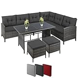Montafox Poly Rattan Ecklounge 7 Personen Eckbank Tisch 2 Hocker Sitzkissen 5cm Gartengarnitur Grau Sitzgruppe Ecksofa Terrasse Sitzecke Eckgarnitur Garten Wintergarten, Farbe:Nachtschwärmergrau