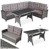 tectake® Gartenbank, Set mit Bank und Esstisch, Rattan Eckbank Outdoor Lounge, Sitzecke wetterfest als Gartenlounge, Balkon Möbel, Wintergarten, Terrasse - grau