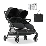 Mooiys Tess Doppel-Kinderwagen, Geschwisterwagen, ab Geburt bis ca. 4 Jahre (22 kg), leicht, schnell zusammenklappbar, freistehend, großer Staukorb, inkl. Regenverdeck und Tragetasche, Schwarz